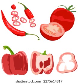 Images of red vegetables. Tomato, chili pepper, bell pepper. Healthy foods. Food icons.