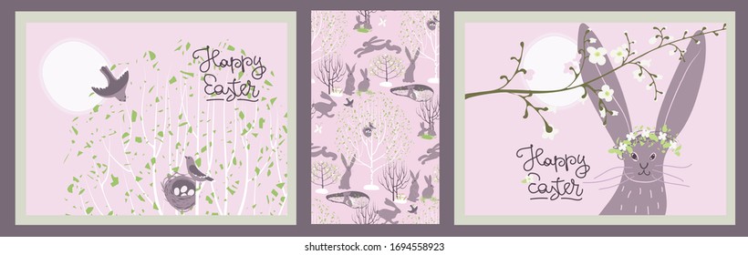 images and seamless pattern about spring, Easter, bunnies and birds