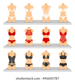 Images set of different colors and shapes fashion lingerie on special dummies flat isolated vector illustration