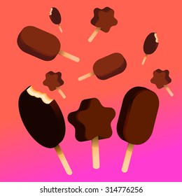 Images with a set of different shapes of ice cream, with chocolate popsicle on pink purple background with the effect of volume.