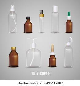Images set of different transparent empty bottles using to package medicine or perfume realistic isolated vector illustration