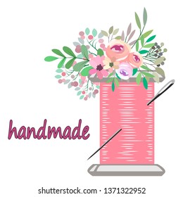 images of sewing threads and needles, with flowers, logo handmade