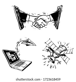 Images of shaking hands from a satellite and airplane smartphones from a laptop. Black and white. Can be used in social networks, for articles, publications, postcards, print, poster, sticker.
