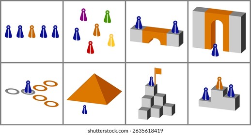 The images show abstract business concepts like diversity, bridge building, making decisions and reaching goals. They are represented by board game pieces and bricks.