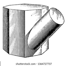 The images show the intersection of an octagonal prism and a cylinder. The cylinder intersects at an oblique angle, vintage line drawing or engraving illustration.