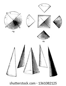 The images show the relationship between a pyramid and a cone. Transect sectioned in many pyramids, vintage line drawing or engraving illustration.