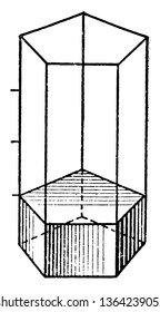 The images show that part of the volume of a pentagonal prism, vintage line drawing or engraving illustration.