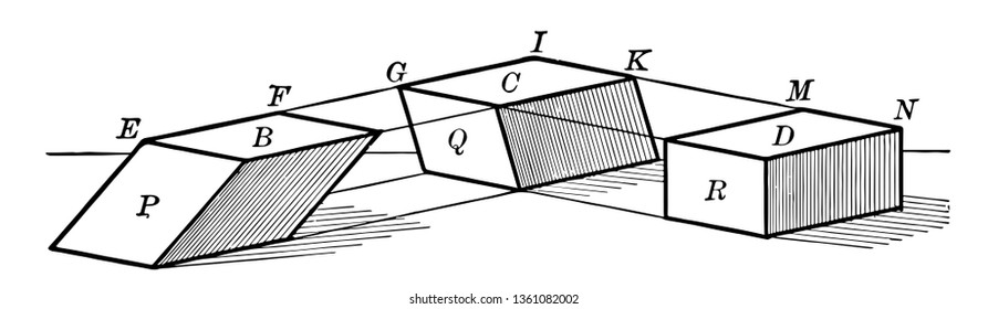 The images show that the volume of different cubes is the same, the volume of any parallelepiped is equal to the product of its base by its altitude, vintage line drawing or engraving illustration.