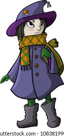 Images of a small witch in gloves and high boots.