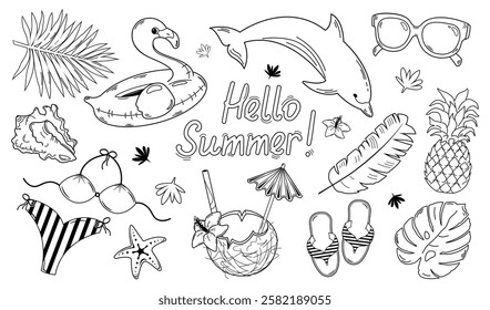 Images of summer symbols in the contours. Flamingo - inflatable toy animal, dolphin, shell, tropical leaves, sunglasses, pineapple, swimsuit,  coconut, starfish. Sketch, outline in black