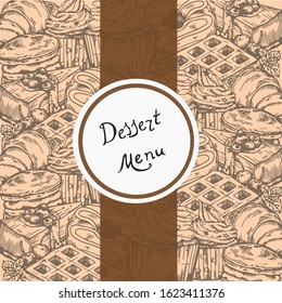 Images of sweets for pastry shops, dessert. Vector black and white illustration. Cakes, cookies, pastries, muffin, waffles, donuts, croissant, pasta on a white background. Food in vintage style.