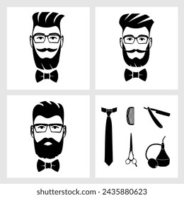 Images of three bearded hipster men. Additional accessories: bow tie, scissors, beard comb, atomizer. Black and white vector illustration. Set for design of hairdressing salons and barbershops.