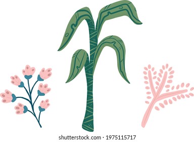 Images with trees, bushes, and plants. Vector illustration in simple flat style. Growing plants and gardening. Protection and preservation of the environment. Collection of tree illustrations.