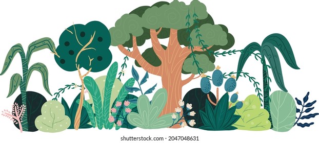 Images with trees, bushes, and plants. Vector illustration in simple flat style.  Protection and preservation of the environment. Earth Day. Collection of tree illustrations.