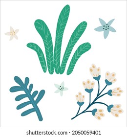 Images with trees, bushes, and plants. Vector illustration in simple flat style. Protection and preservation of the environment. Earth Day. Collection of tree illustrations.