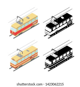 Images of two types of tram in two styles - isometry and simple