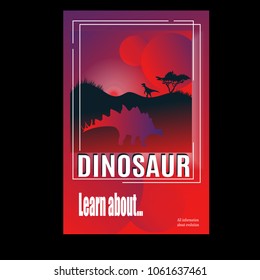 Images under cover of magazine, book or article. Dinosaurs and history about them, information about evolution. Planet and dinosaur silhouettes Learn about. Isolated on the black background