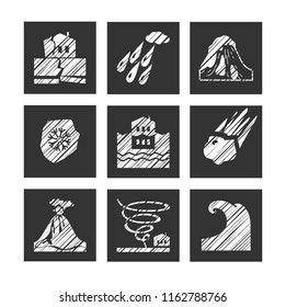 Images of various natural disasters. Vector clip art. Flat square icons. Simulated pencil shading. White figures on a gray background. 