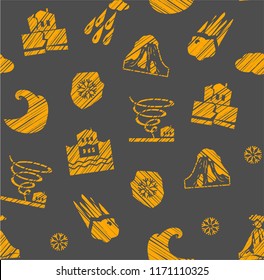 Images of various natural disasters. Vector picture. Simulated pencil shading. Orange graphics on a gray background. 