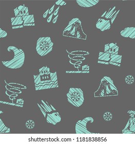 Images of various natural disasters. Vector picture. Imitation of pencil shading. Blue figures on a gray background. 