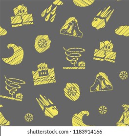Images of various natural disasters. Vector picture. Imitation of pencil shading. Yellow drawings on a gray background. 