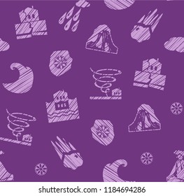 Images of various natural disasters. Vector picture. Imitation of pencil shading. Purple drawings on a purple background. 