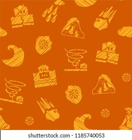 Images of various natural disasters. Vector picture. Imitation of pencil shading. Orange drawings on brown background. 