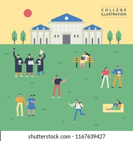 images of various students on campus. flat design style vector graphic illustration set