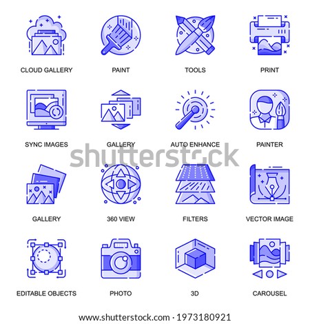 Images web flat line icons set. Pack outline pictogram of designer tools, gallery, editable objects, photo, making graphic content concept. Vector illustration of symbols for website mobile app design