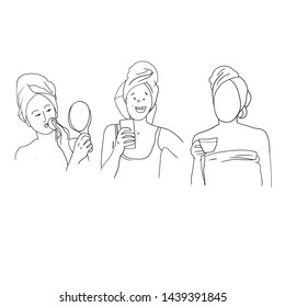Images of a young girl performing cosmetic procedures, face and body care, a set of drawings in the vector, linear drawing