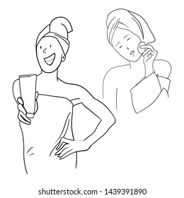 Images of a young girl performing cosmetic procedures, face and body care, a set of drawings in the vector, linear drawing
