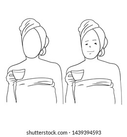 Images of a young girl performing cosmetic procedures, face and body care, a set of drawings in the vector, linear drawing