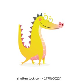 Imaginary animal crocodile character design. Mischievous posing alligator or dragon funny design for kids. Watercolor style cartoon vector illustration.