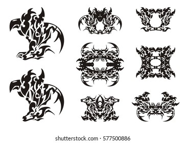 Imaginary animal symbols in tribal style. Dangerous symbol formed by the head of a rooster and the horse head, the symbols and frames formed from it
