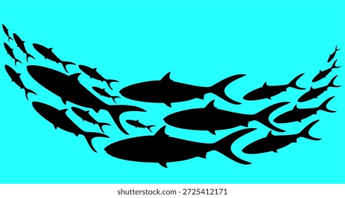 Imaginary art drawing of silhouettes of a group of fish swimming in a procession, isolated on a blue background. vector