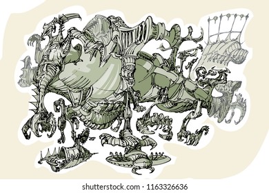 Imaginary bedbug like machine, with claws, hand drawn illustration digitally colored