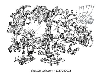 Imaginary bedbug like machine, with claws, hand drawn illustration in black and white