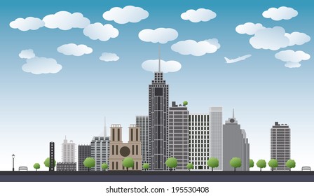 An imaginary big city with skyscrapers, blue sky,trees. vector illustration