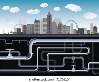 Eine fantasievolle Großstadt mit Wolkenkratzern, blauem Himmel, Bäumen und Röhren. Vektorgrafik Europa