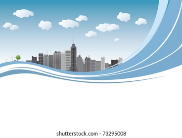 An imaginary big city with skyscrapers, blue sky, clouds and tree. vector illustration Europe