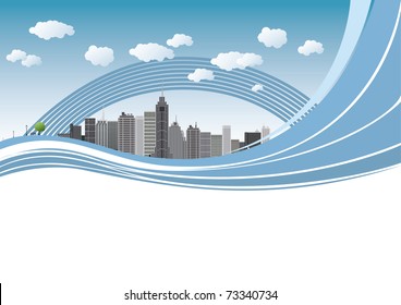 An imaginary big city with skyscrapers, blue sky, clouds and tree. vector illustration Europe