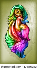 Imaginary bird in abstract style, colored in bright colors