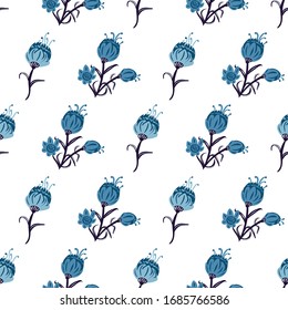 Imaginary blue flowers seamless vector pattern on a light background. Decorative surface print design. For fabrics, stationery and packaging.