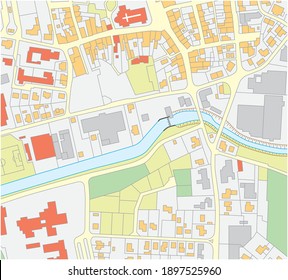 Imaginary cadastral map of an area with buildings and streets