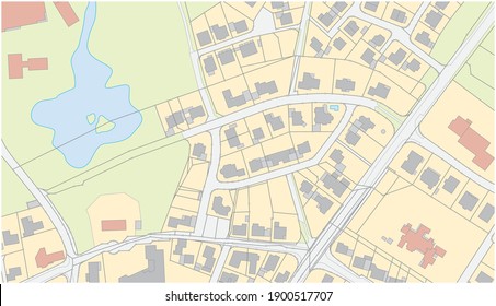 Imaginary cadastral map of an area with buildings and streets