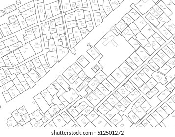 Imaginary cadastral map of territory with buildings and roads without names. Example cadastral plan. Urban planning background