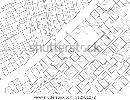 Imaginary cadastral map of territory with buildings and roads without names. Example cadastral plan. Urban planning background