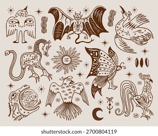 Imaginary Creature Vector Set, Mythical and Fantasy Folk Art Illustrations