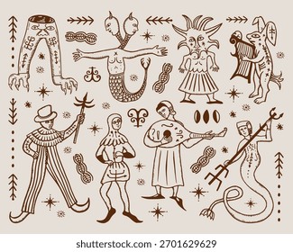 Imaginary Creature Vector Set, Mythical and Fantasy Folk Art Illustrations	