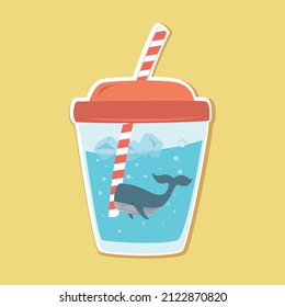 Imaginary cup with stripe straw blue drink ice cubes and whale illustration vector on yellow square background